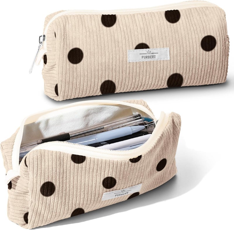 Purbert Pencil Bag Pen Case, Soft Corduroy Small Pencil Pouch Organizer with Zipper, Cute Pencil Case Pouch Stationery for Girls and Boys – Dot Beige - Image 1
